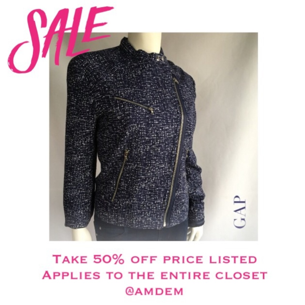 (Sz XL TALL) GAP Blue White Moto Zip Jacket